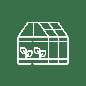 Greenhouse icon with plants, green background.