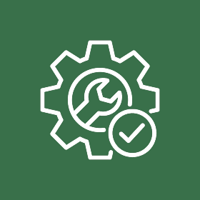 Gear and wrench with check mark icon.